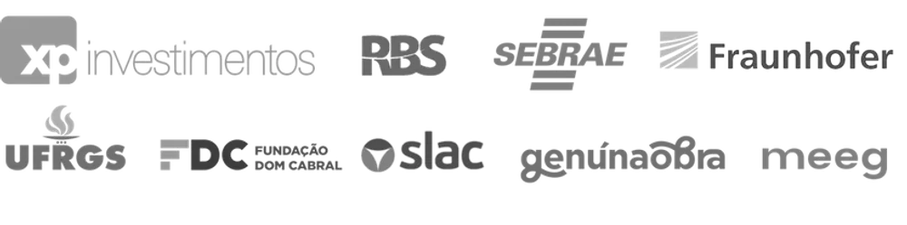 Logos: XP Investimentos, RBS, SEBRAE, Fraunhofer, UFRGS, Fundação Dom Cabral, SLAC, Genuína Obra e MEEG